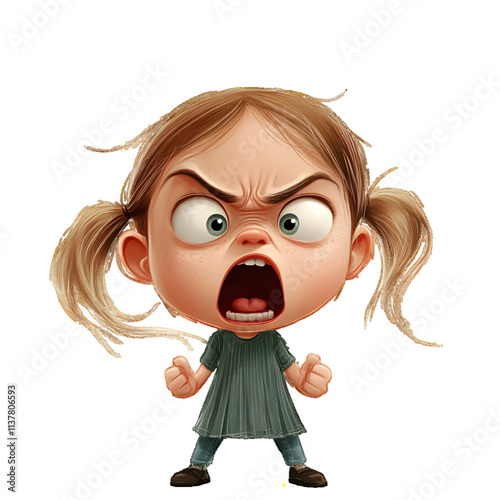 Cartoon illustration of Little girl yelling with visible annoyance, isolated shot on white or transparent background