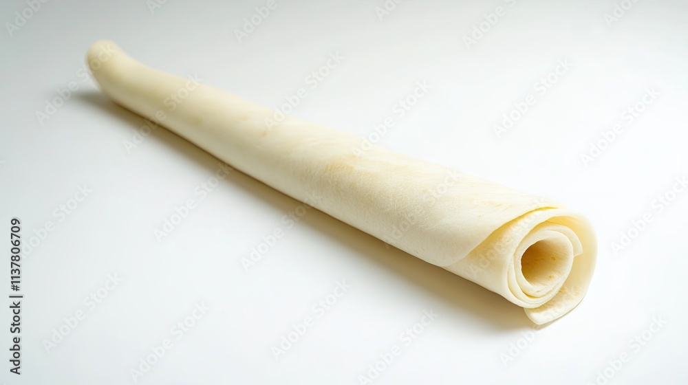 Fototapeta premium A rolled-up flour tortilla positioned diagonally on a white background, displaying its flexibility and smooth surface.