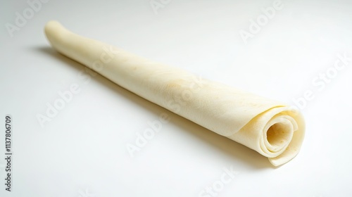 A rolled-up flour tortilla positioned diagonally on a white background, displaying its flexibility and smooth surface. photo