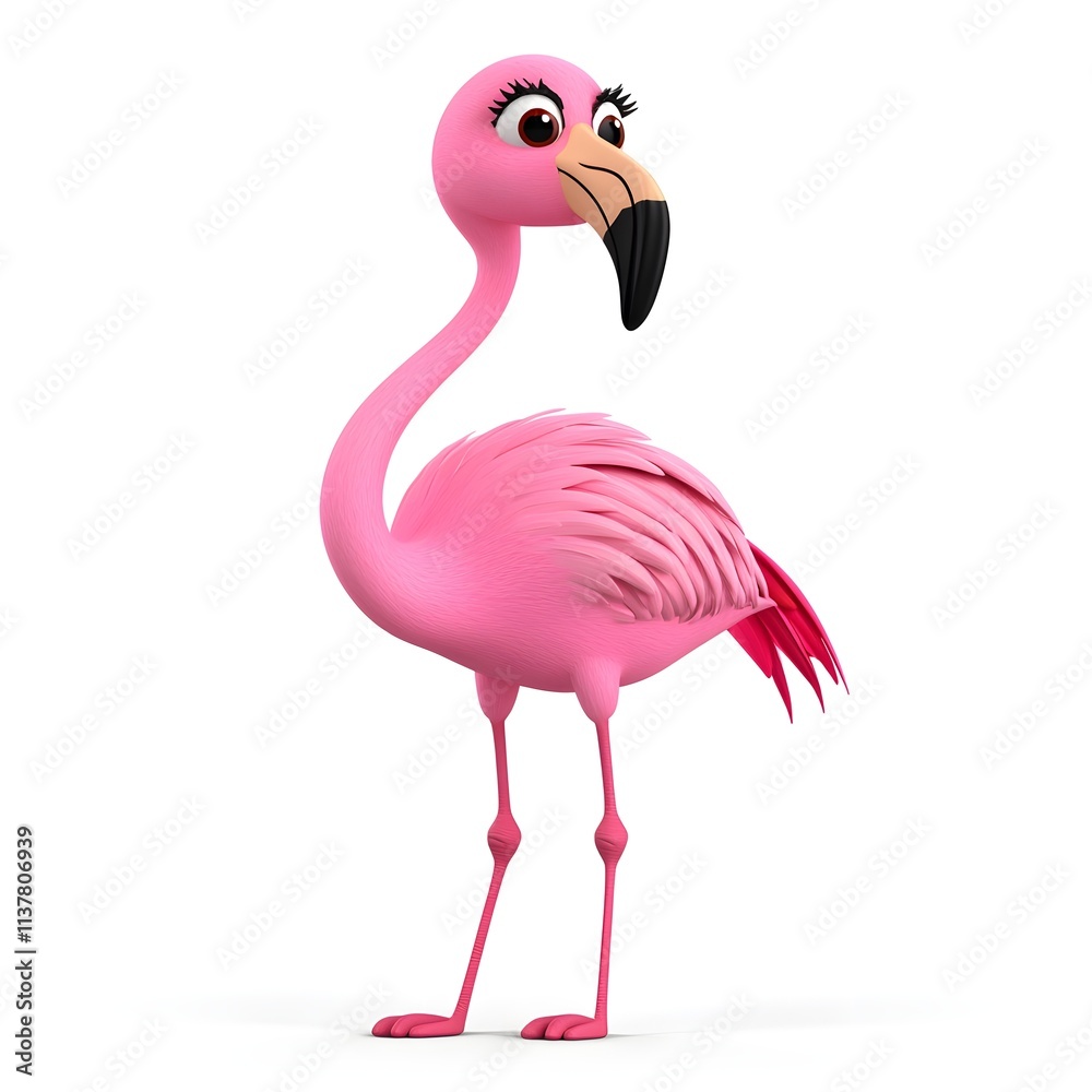 Obraz premium Cute Cartoon Flamingo Character with Pink Feathers and Big Eyes