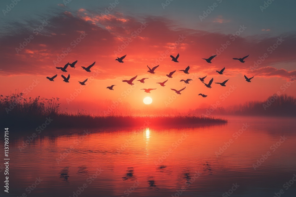 Birds soar across a vibrant sunset over a peaceful lake in springtime beauty Birds soar across a vibrant sunset over a peaceful lake in springtime beauty