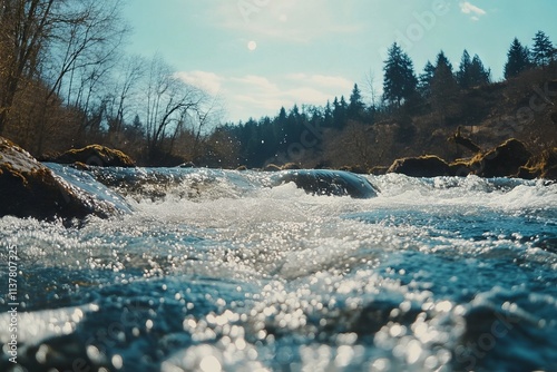 Turquoise Rapids on a Tribal River in a Lush Washington Forest. AI generated illustration