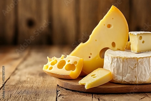Close-up of Various Types of Cheese on a Wooden Background. AI generated illustration