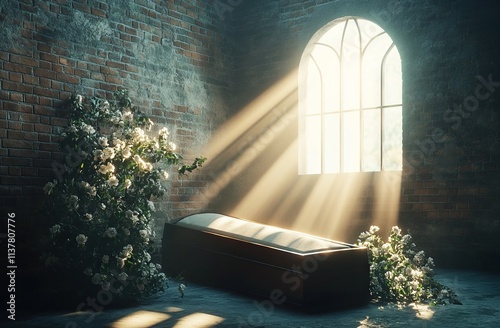 3D rendering of an illuminated open coffin in a dark room with a brick wall and flowers. AI generated illustration