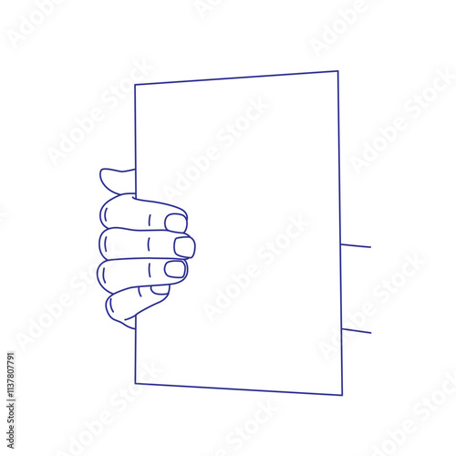 Hand holding a sheet of paper. Contour vector illustration. Index, middle, ring, little fingers and thumb