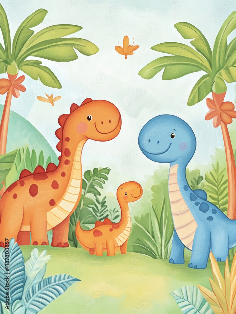 Fototapeta premium Adorable dinosaurs in a lush green forest, bright and cheerful colors, suitable for childrens posters, educational content, or nature-themed campaigns..