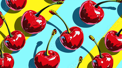 Stylish graphic cherry pattern in bold eye catching colors, featuring vibrant red cherries against bright blue and yellow background, creating playful and lively atmosphere