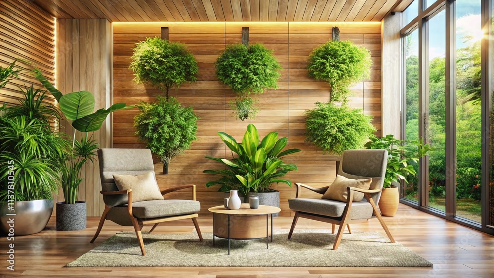 Fototapeta premium Serene Modern Interior Design: Panoramic Wooden Wall, Plants, Two Chairs