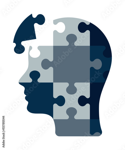 Blue head shaped puzzles. One puzzle piece is missing. Creativity, inspiration, logical thinking. The potential of the human brain.