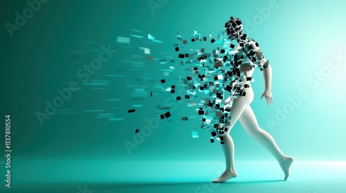 Abstract Representation of a Human Figure Disintegrating into Digital Particles in Motion