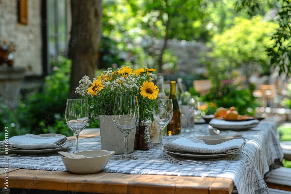 Outdoor dining setup with fresh flowers and spring decorations in a garden setting Outdoor dining setup with fresh flowers and spring decorations in a garden setting