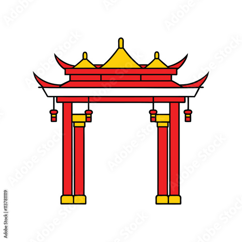 Colorful Traditional Chinese Gate - Red and Yellow Pagoda Style Arch Vector Illustration for Culture Art