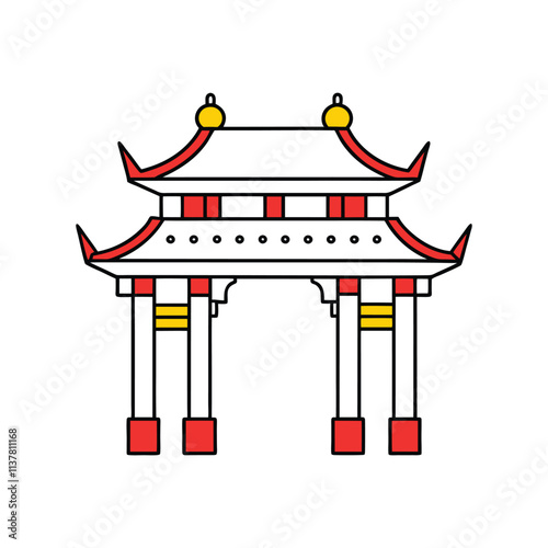 Colorful Traditional Chinese Gate - Red and Yellow Pagoda Style Arch Vector Illustration for Culture Art