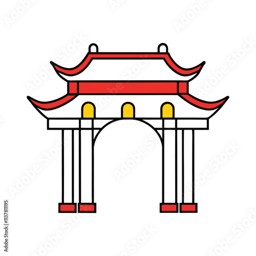 Colorful Traditional Chinese Gate - Red and Yellow Pagoda Style Arch Vector Illustration for Culture Art