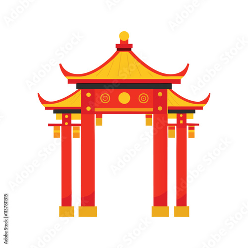 Traditional Chinese Arch Illustration - Red and Gold Pagoda Gate Vector for Cultural and Architectural Art