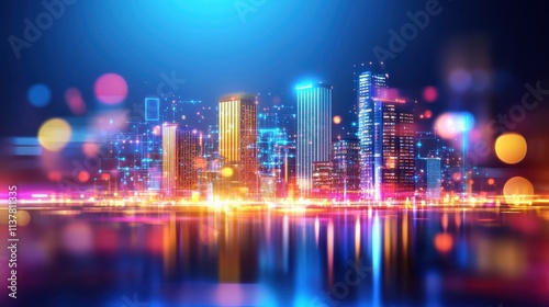 Vibrant Night Cityscape with Colorful Lights and Reflections