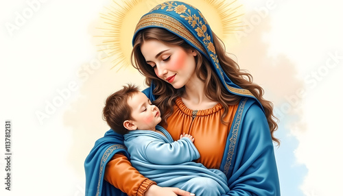 An image of the Madonna holding the baby Jesus in her arms, surrounded by soft candlelight and Christmas decorations