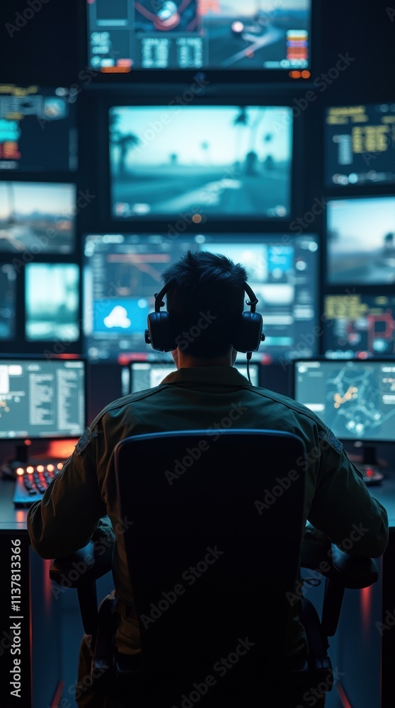 Fototapeta premium Modern Drone Pilot in High-Tech Command Center
