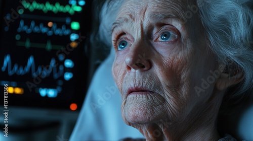 Close-up portrait of elderly woman in hospital bed, looking thoughtful.