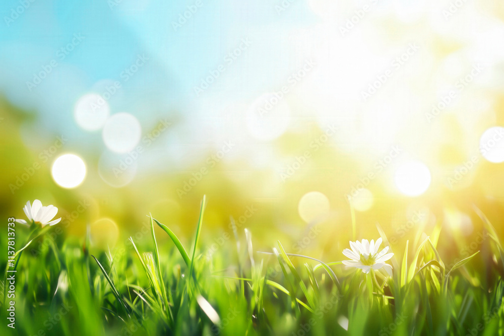 Fototapeta premium Fresh green spring grass with delicate daisies in bloom, beautifully blurred background enhancing the vibrant, natural scene.
