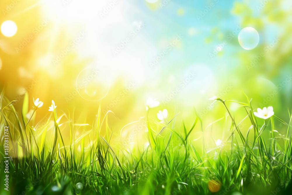 Fototapeta premium Fresh green spring grass with delicate daisies in bloom, beautifully blurred background enhancing the vibrant, natural scene.