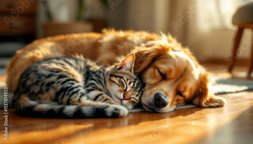 Wallpaper Mural Tabby cat and golden retriever sleeping peacefully on wooden floor, cozy home, soft lighting, space for text.

 Torontodigital.ca