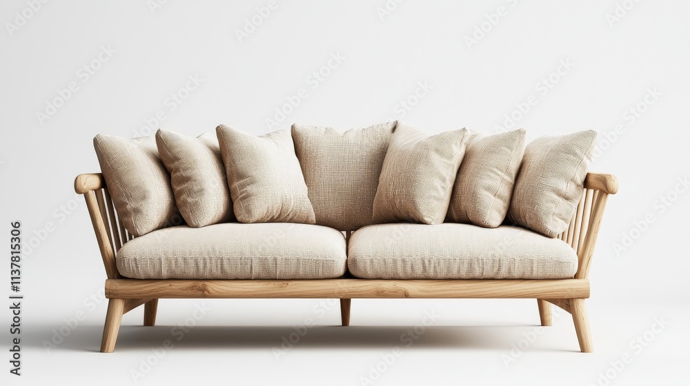 Fototapeta premium a wooden sofa with cushions - minimalist furniture design