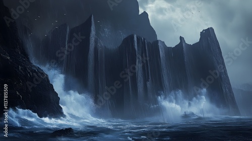 A dramatic ocean painting of crashing waves against jagged cliffs, with sea spray misting into the air. 