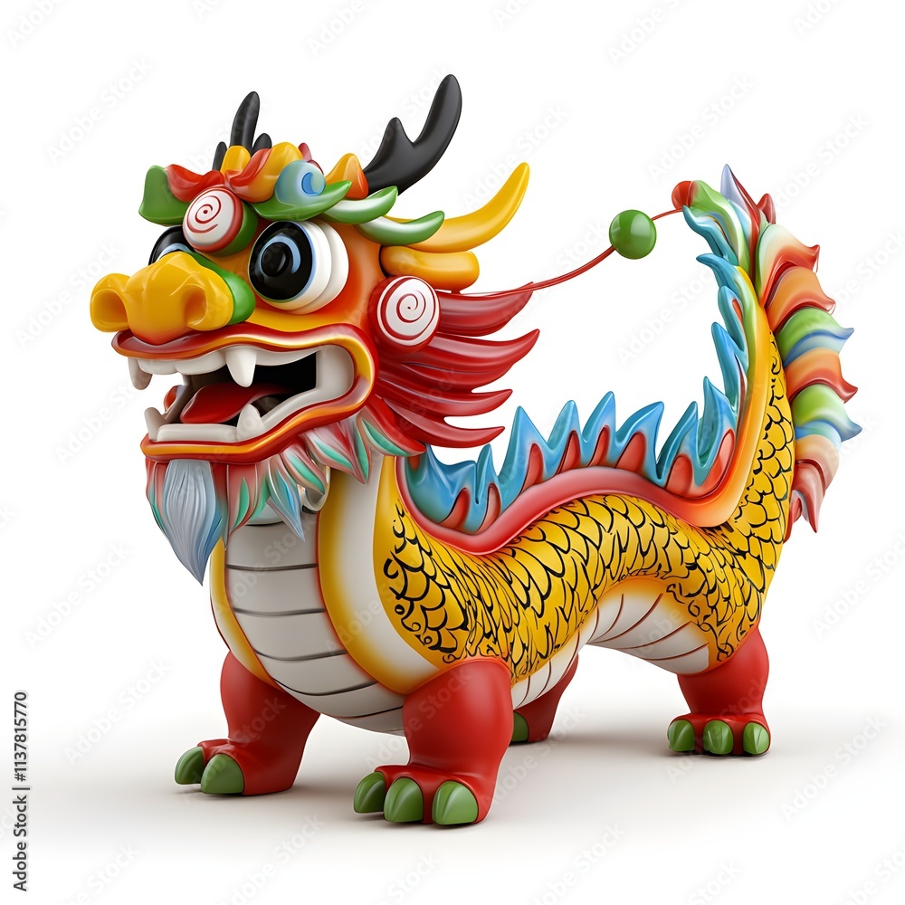 Fototapeta premium Colorful Dragon Sculpture with Exaggerated Features and Vibrant Colors