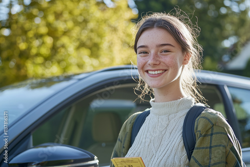Fahranfängerin steht draußen vor dem Auto