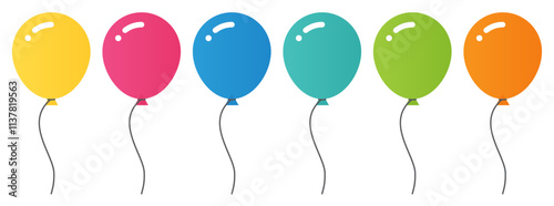 Flying balloons with rope. Bunch of balloons for birthday and party. Color balloons for celebrate and carnival