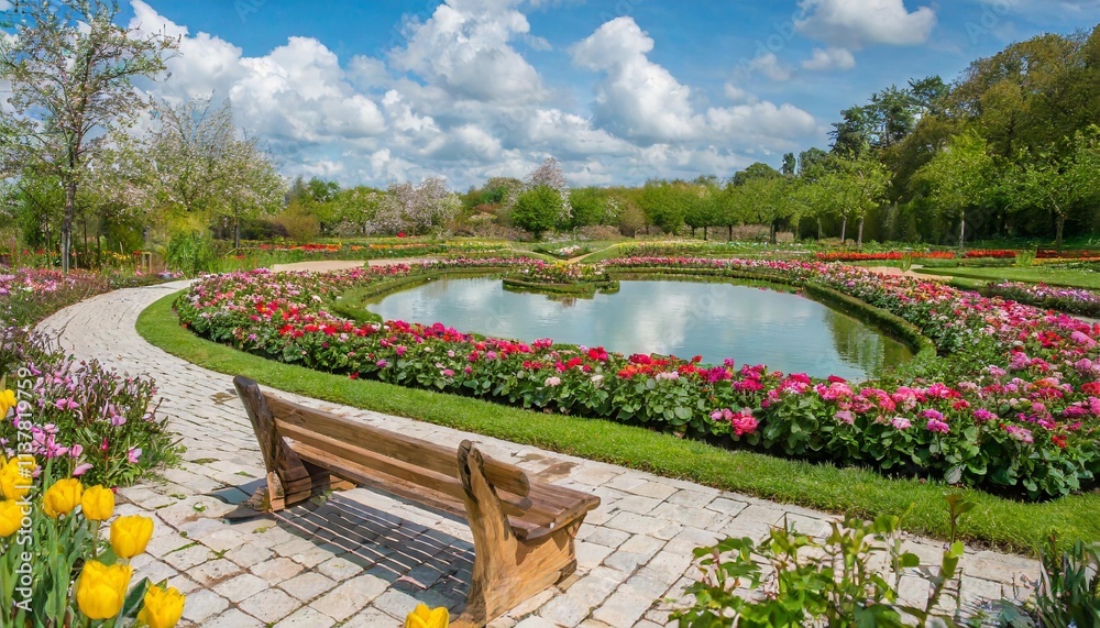 Obraz premium Romantic Wooden Bench Overlooking a Heart-Shaped Pond in a Blooming Flower Garden