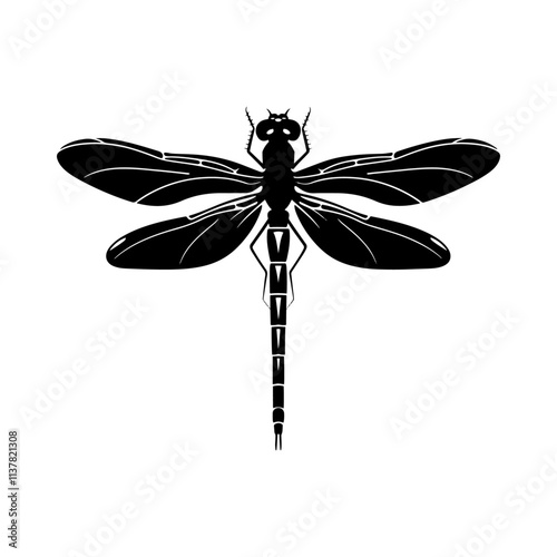 A dragonfly with wings spread, Dragonfly Hovering , suitable for peaceful nature scenes or educational science projects clipart design illustration, detailed black-and-white silhouette of a dragonfly