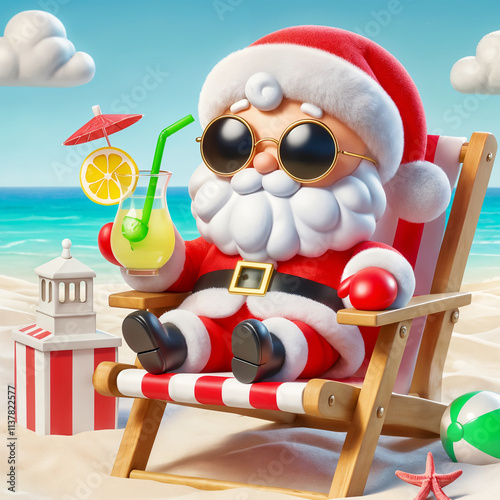 Obraz na płótnie A playful Santa Claus in sunglasses relaxing on a sunny beach with a tropical drink in hand w salonie
