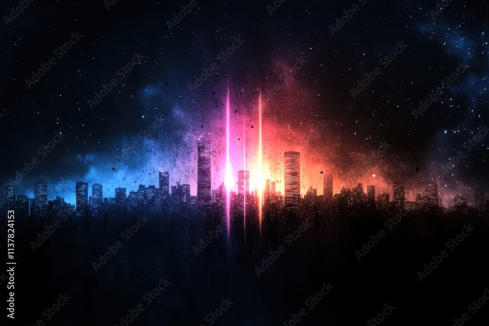 Fototapeta premium Colorful abstract skyline with cosmic elements and vibrant lights.