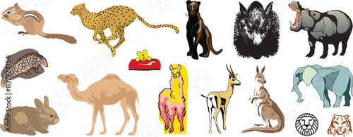 chipmunk cheetah leopard wolf hippopotamus pangolin teddy bear camel llama gazelle kangaroo elephant lion and tiger Compendium package set Artwork vector editable logo for Wall Sticker t-shirt design