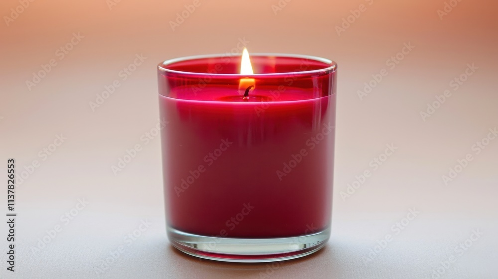 Single burning red candle in glass holder on neutral background. Single burning red candle in glass holder on neutral background.