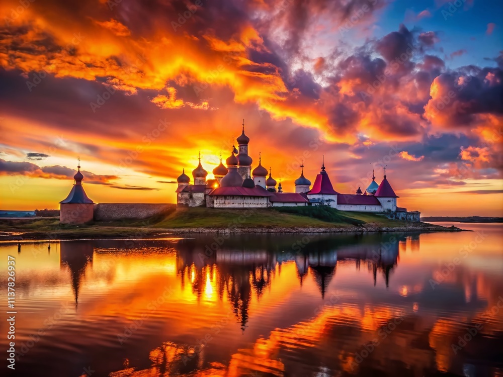 Naklejka premium Solovetsky Islands Silhouette Photography: Dramatic Sunset, Monastery, Sea, Arctic, Russia