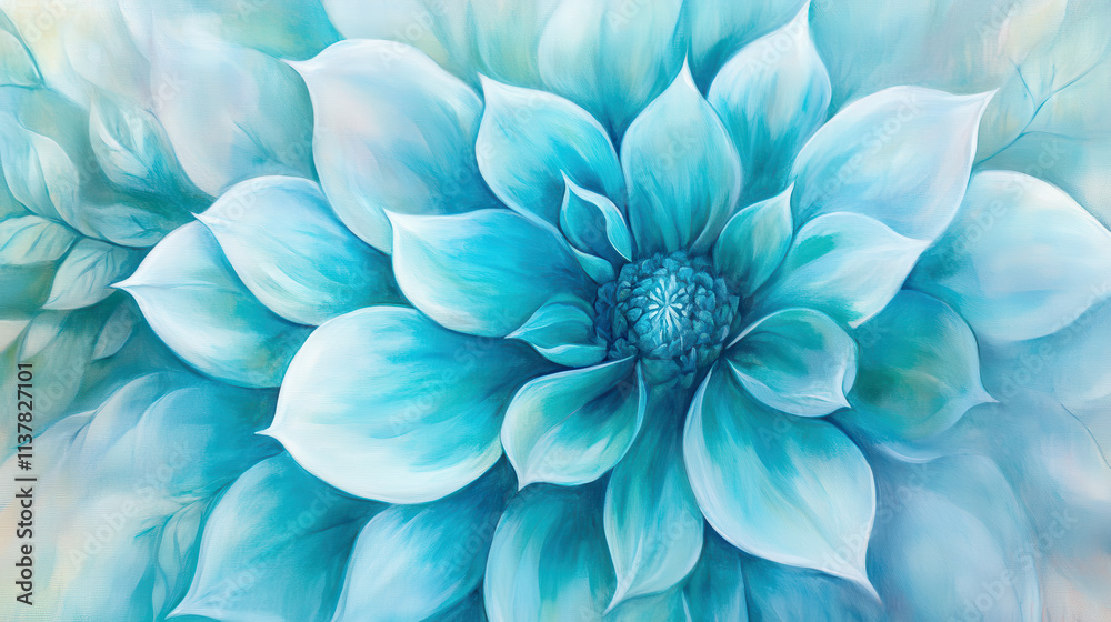 Fototapeta premium A watercolor depiction of a striking teal marigold flower with gently curling petals transitioning from pale aqua to deep turquoise, accompanied by muted silvery-green leaves painted in an airy, trans