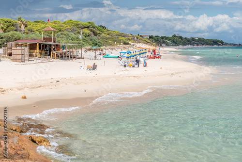 The long white sand beach of Santa Margherita di Pula in the Cala Bernardini area, Sardinia, Italy