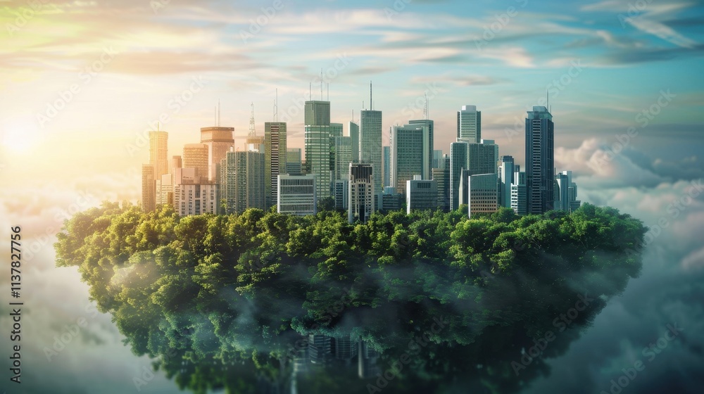 Obraz premium Eco-City Modern Metropolis on a Lush Island Floating Amidst Clouds.