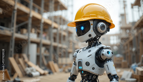 robot wearing a yellow hard hat, standing in a construction site