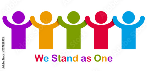 Worldwide people global society concept, different races solidarity, we stand as one, togetherness and friendship allegory, world unity cooperation, vector illustration logo or icon.