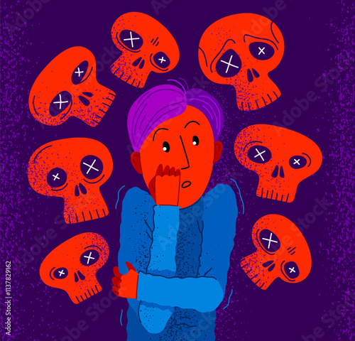 Thanatophobia fear of death vector illustration, young man surrounded with imaginary dead skulls in fear and panic attack, psychology and psychiatry.