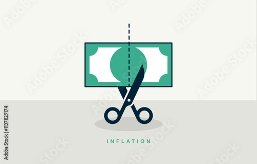 Inflation concept, poster, money banknote cutting by a scissors vector icon style illustration.