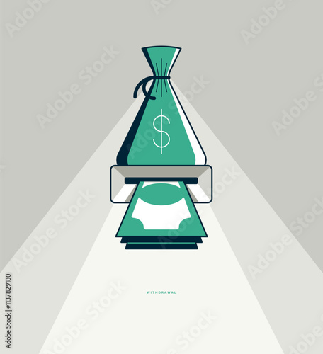 Withdrawal concept poster, money bag with ATM vector icon style illustration, safe withdraw money using credit card, bank deposit or credit money metaphor.