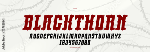 Blackthorn gothic display font for emblems and logos, titles and headlines, typography with thorns displays danger and horror, vintage artistic alphabet letters and numbers, italic version.