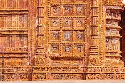 Terracotta panels illustrating scenes from Krishnaleela on Ram Chandraji's Temple, Guptipara, Hooghly, West Bengal, India. photo