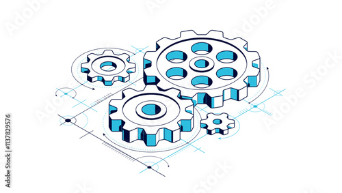 Invention renovation and development concept, gears and cogs with cad engineering drawing isometric 3D vector illustration, technology theme, machinery and engine creation.