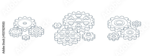 Mechanical engineering concept set, gears and cogs composition isometric 3D vector illustration, cogwheels system technology and technics machinery engine.